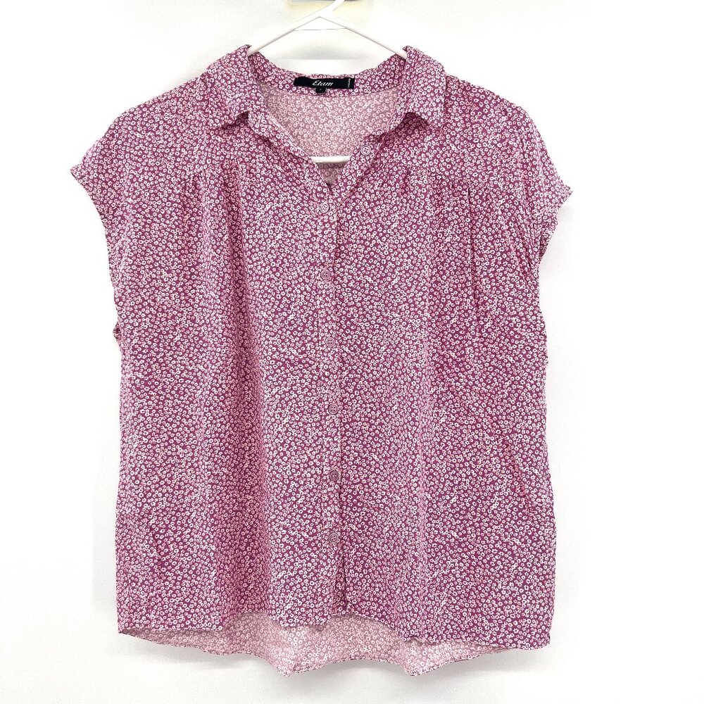 Etam Purple Orange Floral Button Front Cap Sleeve Blouse Women's Large